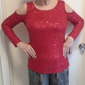 Red Sequined Cold Shoulder Top